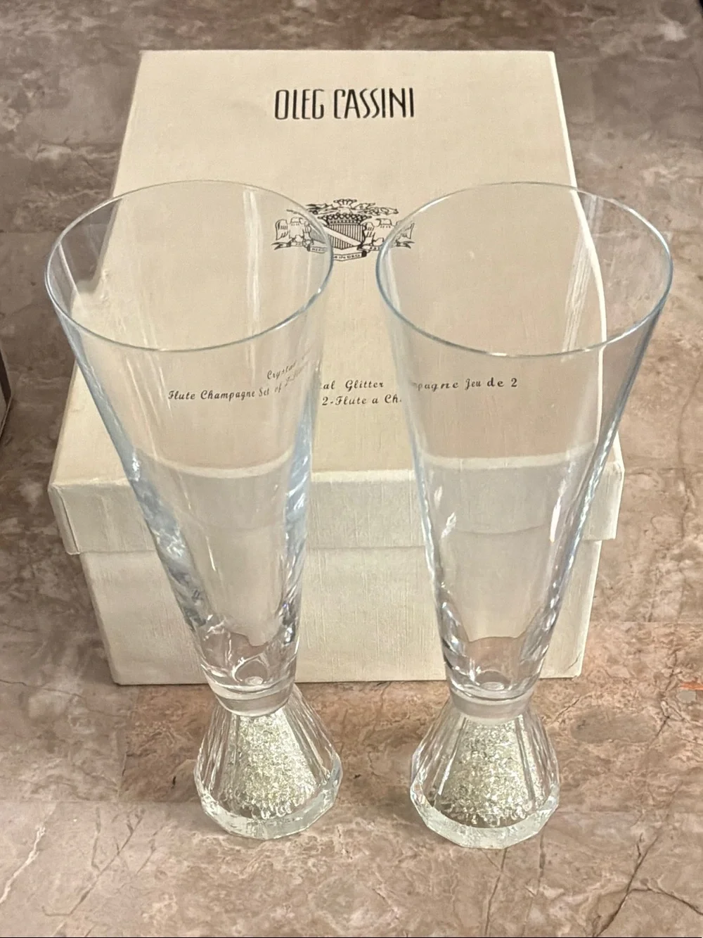 Oleg Cassini Clear Crystal Champagne Flutes with Sparkling Bases